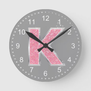 Reloj Redondo Mediano Letra rosa Purpurina K