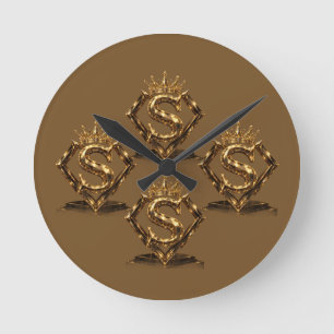 Reloj Redondo Mediano Letra S Dorada de Lujo Corona Monograma de Diamant