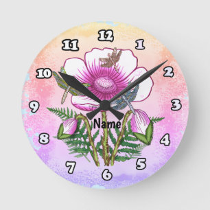 Reloj Redondo Mediano Libélula Amapola Rosa