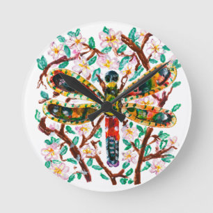 Reloj Redondo Mediano Libélula Colorida Entre Flores de Cerezo