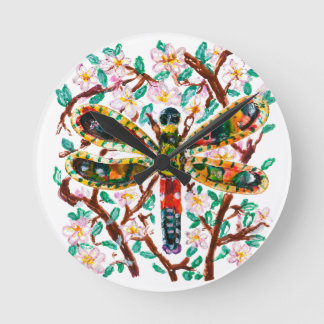 Reloj Redondo Mediano Libélula Colorida Entre Flores de Cerezo