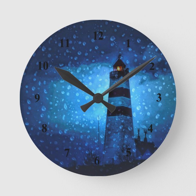 Reloj Redondo Mediano Lighthouse a rainy blue dark night nautical (Anverso)