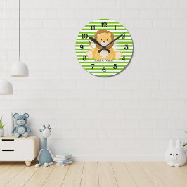 Reloj Redondo Mediano Lime Green-White Stripes・Lion・Personalizado