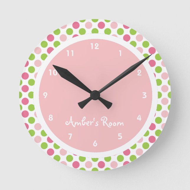 Reloj Redondo Mediano Lime & Pink Polka Dot Kid's Bedroom (Anverso)