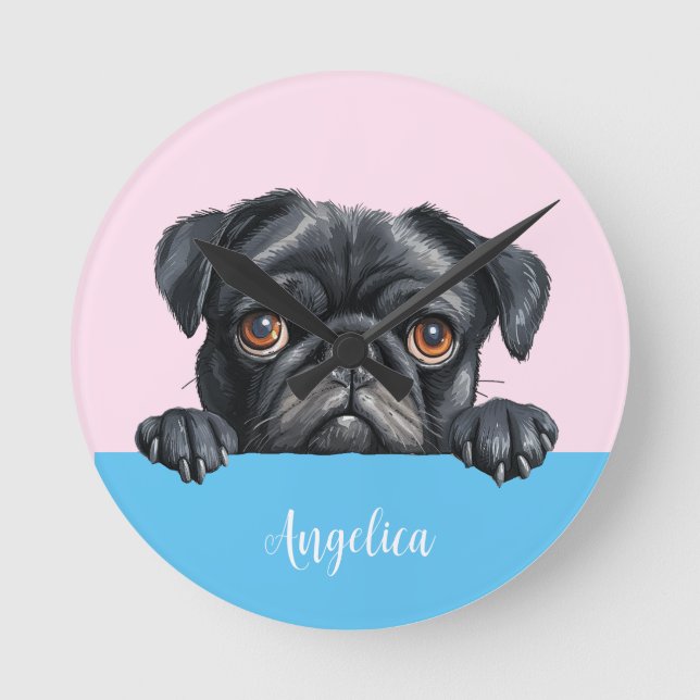 Reloj Redondo Mediano Lindo cuadro personalizado de Pug para decoración  (Anverso)