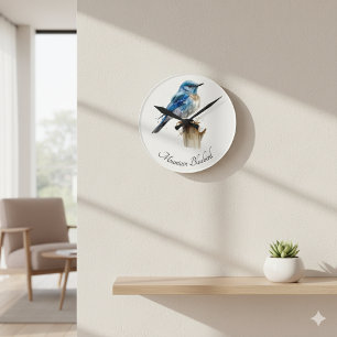 Reloj Redondo Mediano Lindo pequeño pájaro azul de montaña acuarela, per