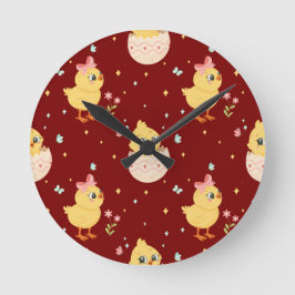 Reloj Redondo Mediano Lindo pollito de Pascua con patrón continuo de laz