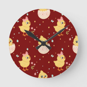 Reloj Redondo Mediano Lindo pollito de Pascua con patrón continuo de laz