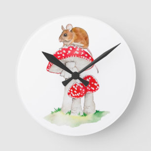 Reloj Redondo Mediano Lindo ratón sobre amanita muscaria acuarela