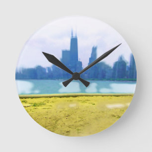 Reloj Redondo Mediano Línea aérea cepillado de Chicago Skyline