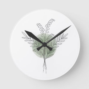Reloj Redondo Mediano Línea botánica de lirio de valle Arte Acuarela