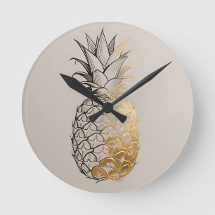Reloj Redondo Mediano Línea de Arte de Piña Dorada