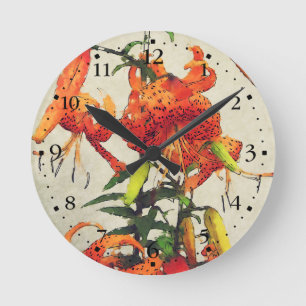 Reloj Redondo Mediano Lirio de Tigre de Acuarela Naranja 1