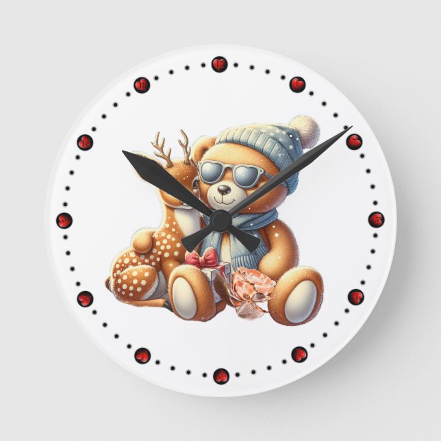 Reloj Redondo Mediano Little bear with fawn in arms winter Christmas (Anverso)