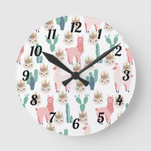 Reloj Redondo Mediano Llamas rosadas y niños de cactus verdes (Anverso)