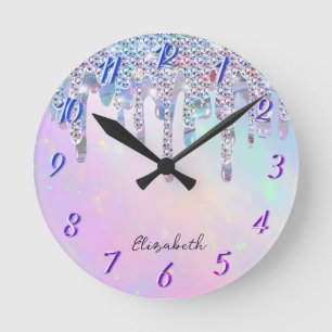Reloj Redondo Mediano Llamativas gotas de purpurina holográficas arcoíri
