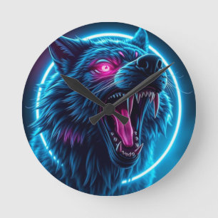 Reloj Redondo Mediano Lobo de neón de terror ojos brillantes Fantasía os