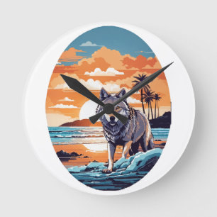 Reloj Redondo Mediano Lobo en la playa