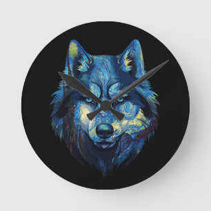 Reloj Redondo Mediano Lobo en noche estrellada vida silvestre abstracta