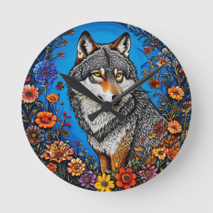 Reloj Redondo Mediano Lobo entre flores vibrantes