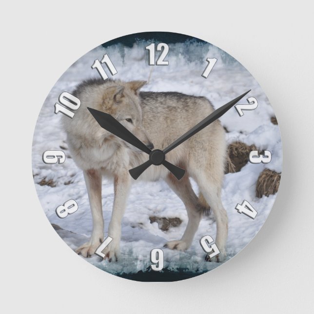 Reloj Redondo Mediano Lobo gris en foto de vida salvaje de nieve en invi (Anverso)
