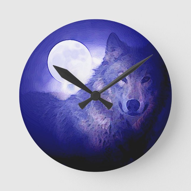 Reloj Redondo Mediano Lobo, luna y noche azul (Anverso)
