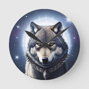 Reloj Redondo Mediano Lobo Majestuoso Bajo Cielo Estrellado