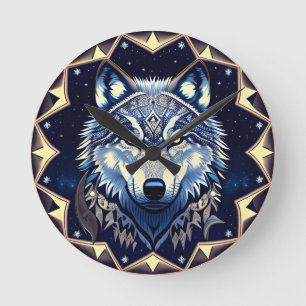 Reloj Redondo Mediano Lobo Majestuoso Bajo Cielo Estrellado