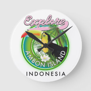 Reloj Redondo Mediano Logo de viaje de la isla de Amberes Indonesia Wood