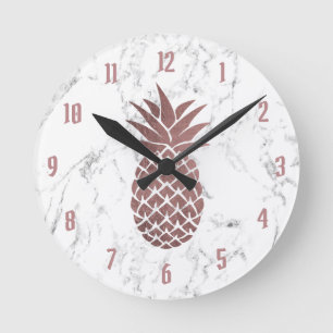 Reloj Redondo Mediano Logotipo de piña dorada Rosa Mármol blanco moderno