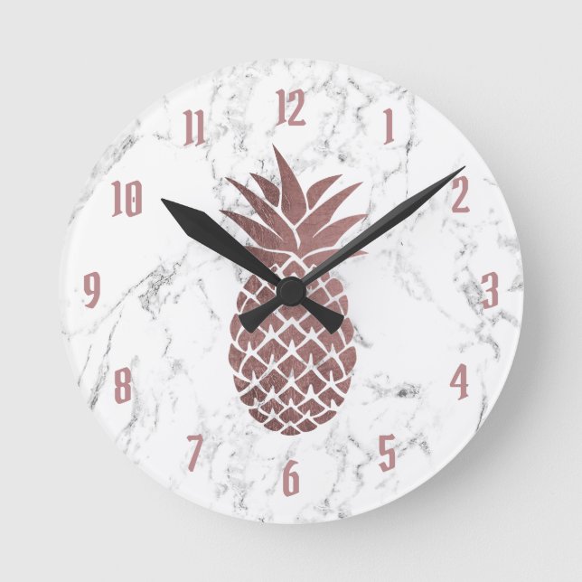 Reloj Redondo Mediano Logotipo de piña dorada Rosa Mármol blanco moderno (Anverso)