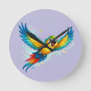 Reloj Redondo Mediano Loro Colorido Feliz en Vuelo Diseño de Pájaro Kawa