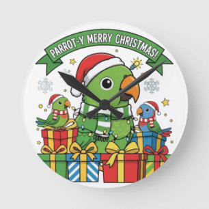 Reloj Redondo Mediano Loro Feliz Navidad – Loro Festivo Adorable Hol