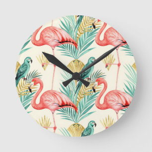 Reloj Redondo Mediano Loro Flamingo Tropical Jungla