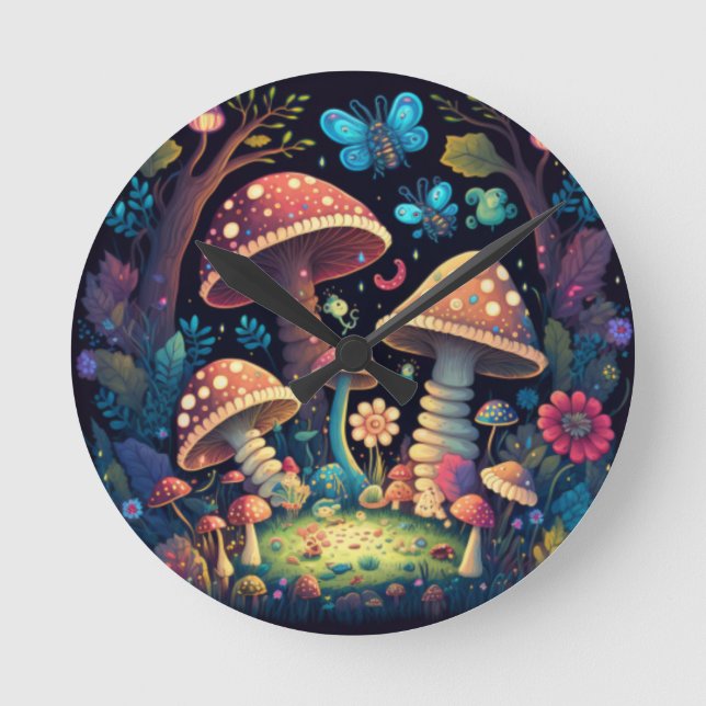 Reloj Redondo Mediano Los adorables elfos juegan bajo hongos (Anverso)