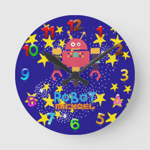 Reloj Redondo Mediano Los niños ROBOT Decoración de habitación Azul rosa