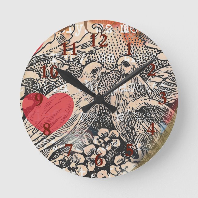 Reloj Redondo Mediano Love Birds Heart Red Art Collage (Anverso)