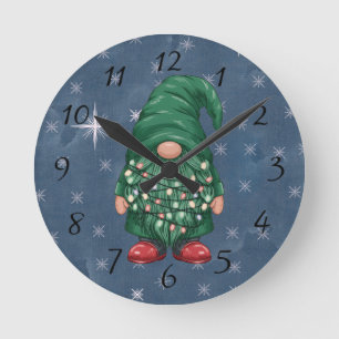 Reloj Redondo Mediano Luces de Navidad de Gnomo Verde Acuarela