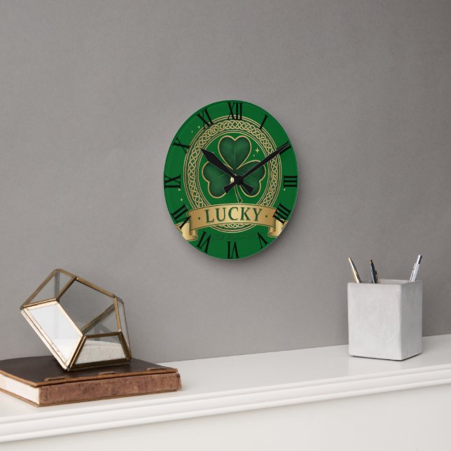 Reloj Redondo Mediano Lucky St Patrick's Day Shamrock Irish Roman Clock (Oficina)