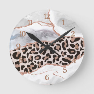 Reloj Redondo Mediano Lujo Rosa Blanco Dorado Brillo Agata Estampado Leo
