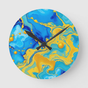 Reloj Redondo Mediano Lujoso abstracto de tinta alcohólica azul y dorada