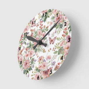 Reloj Redondo Mediano Lujoso Florido Flor silvestre mariposa azul 