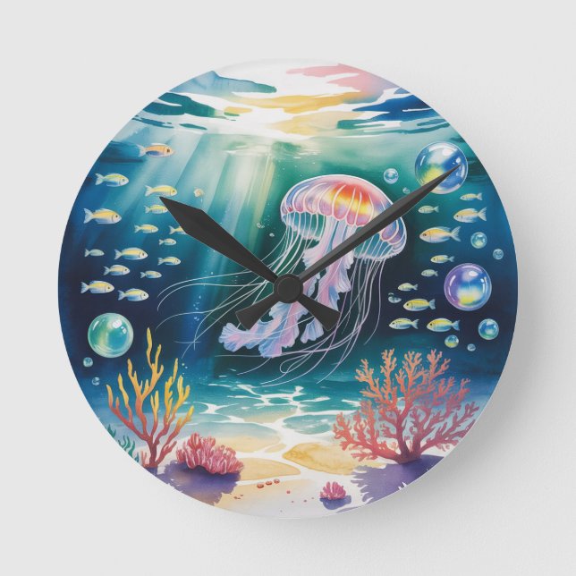Reloj Redondo Mediano Luminosa escena submarina de medusas (Anverso)