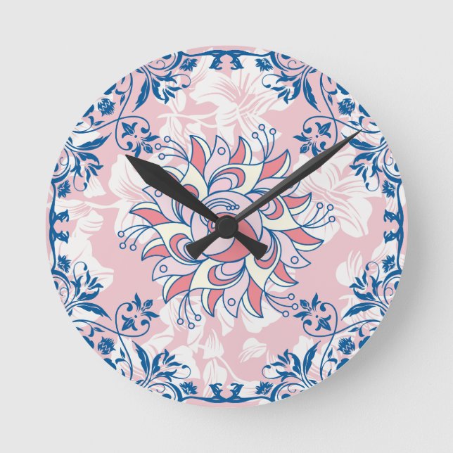 Reloj Redondo Mediano Luminoso arte floral, rosa Rangoli Vida brillante (Anverso)