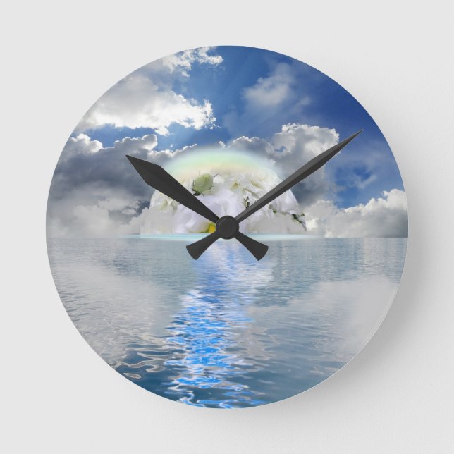 Reloj Redondo Mediano Luna de Rosa Blanca flotando a través de la fantas (Anverso)