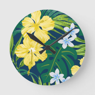 Reloj Redondo Mediano Luna Hibiscus Garden Hawaiian - Amarillo y Marina