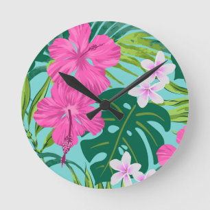 Reloj Redondo Mediano Luna Hibiscus Garden Hawaiian - Rosa y Turq