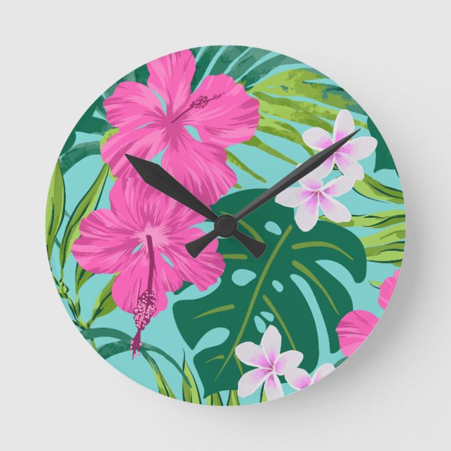 Reloj Redondo Mediano Luna Hibiscus Garden Hawaiian - Rosa y Turq (Anverso)