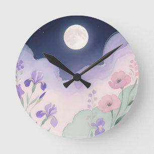 Reloj Redondo Mediano Luna Llena Acuarela Iris Floral Noche