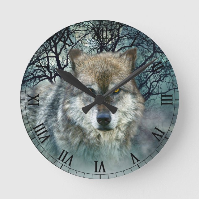 Reloj Redondo Mediano Luna Llena del lobo en niebla (Anverso)